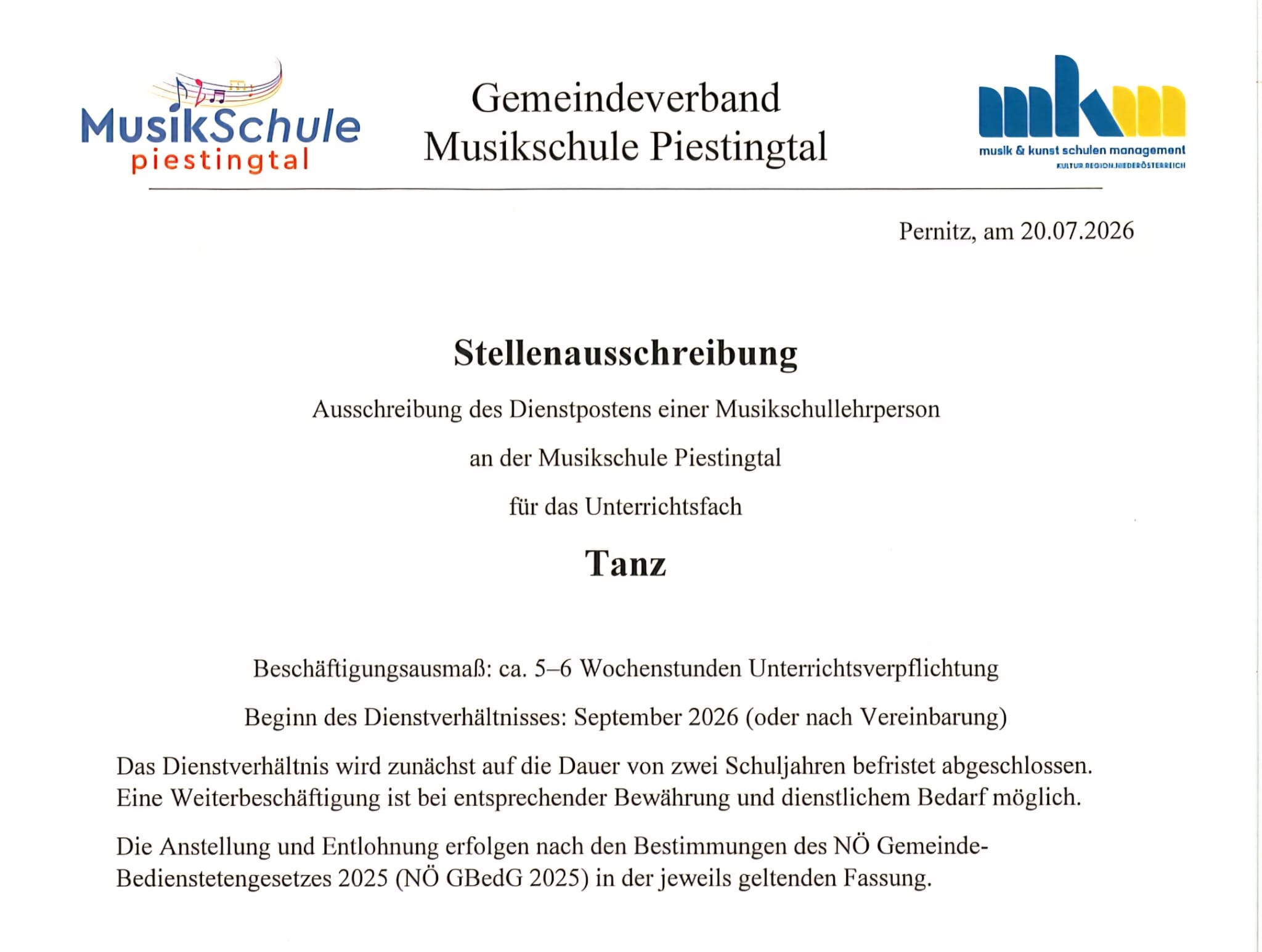 Stellenausschreibung Tanz